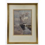 † CHARLES EYRES SIMMONS; watercolour, moored boats, signed lower left, 34 x 24cm, framed and glazed.