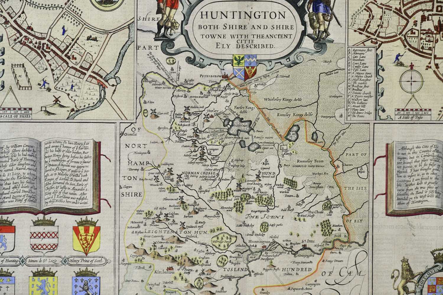 JOHN SPEED; a hand tinted map, 'Huntington', circa 1676, 39 x 52cm, framed and glazed. - Image 3 of 4