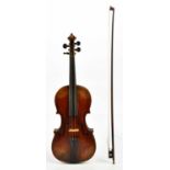 A full size German violin, Stradivarius copy, with two-piece back length 36cm, cased with bow.