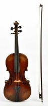 A full size German violin, Stradivarius copy, with two-piece back length 36cm, cased with bow.