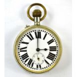 A chrome plated crown wind Goliath pocket watch, the enamel dial with Roman numerals and