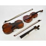 A full size German violin, Stradivarius copy with one-piece back length 36cm (af), also a cased half