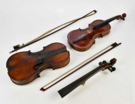 A full size German violin, Stradivarius copy with one-piece back length 36cm (af), also a cased half