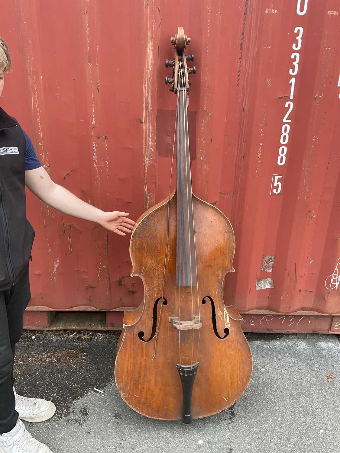 A double bass, possibly German, with two-piece back, 111cm to top of button, in need of restoration. - Image 10 of 25