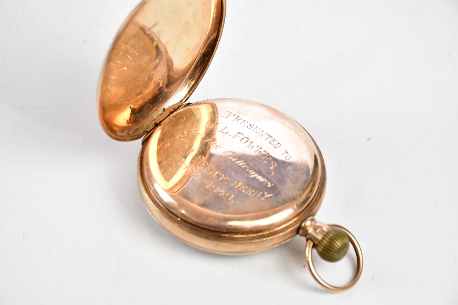 A 9ct yellow gold crown wind open face pocket watch with Roman numerals to the white enamel dial, - Image 3 of 4