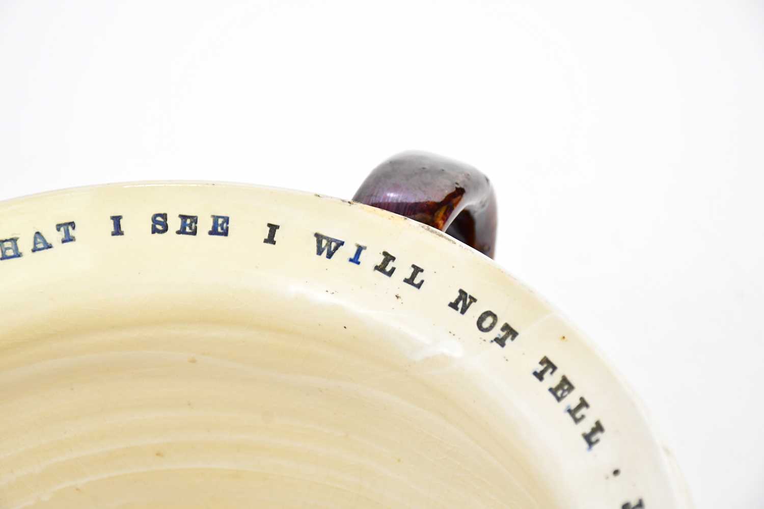 BARGEWARE; a chamber pot, inscribed 'Pick me up, use me well and what I see I will not tell, Jonas - Image 4 of 8