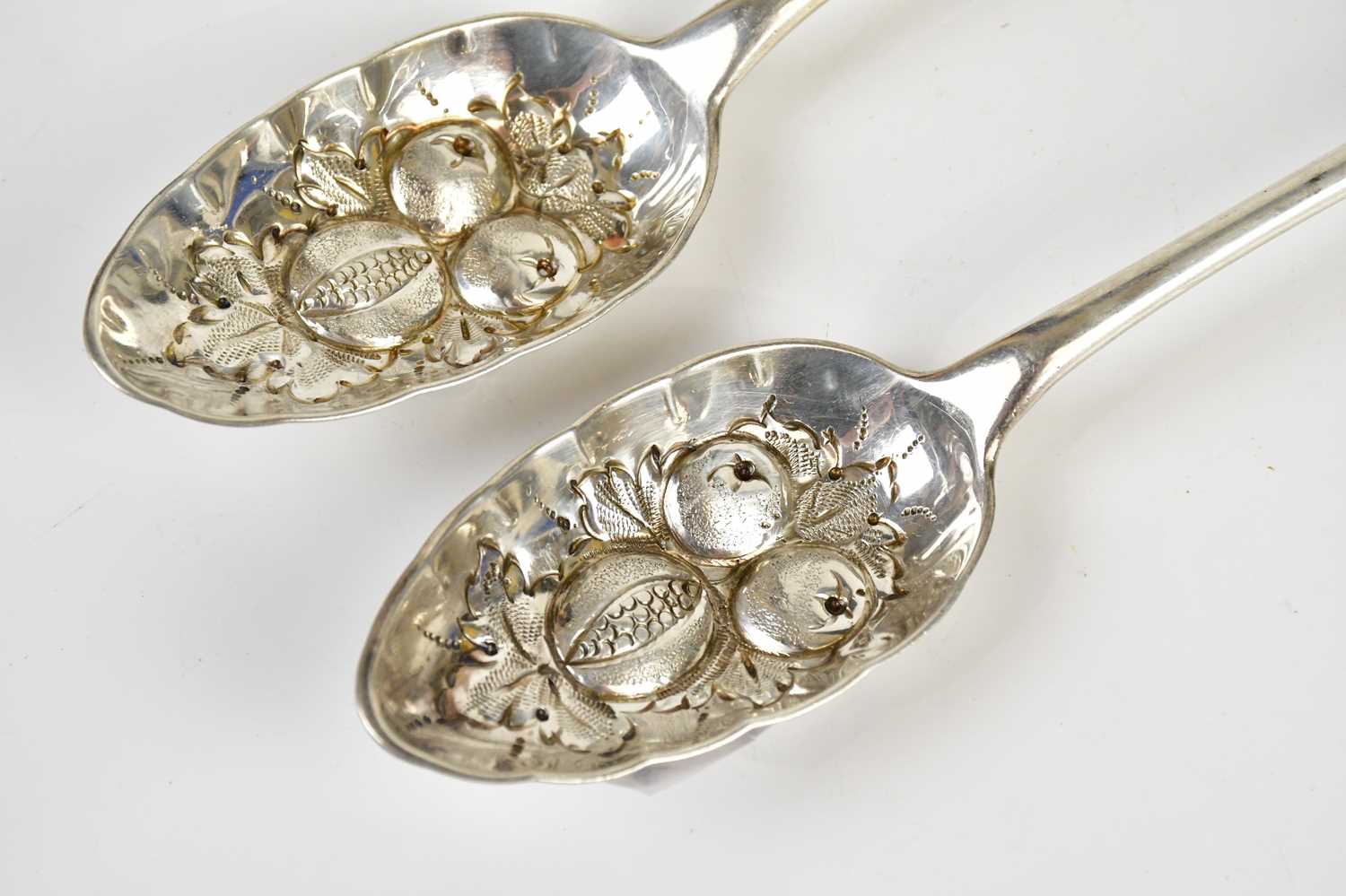 WILLIAM DAVIE; a pair of George III hallmarked silver berry spoons, Edinburgh 1783 (probably), - Image 2 of 6