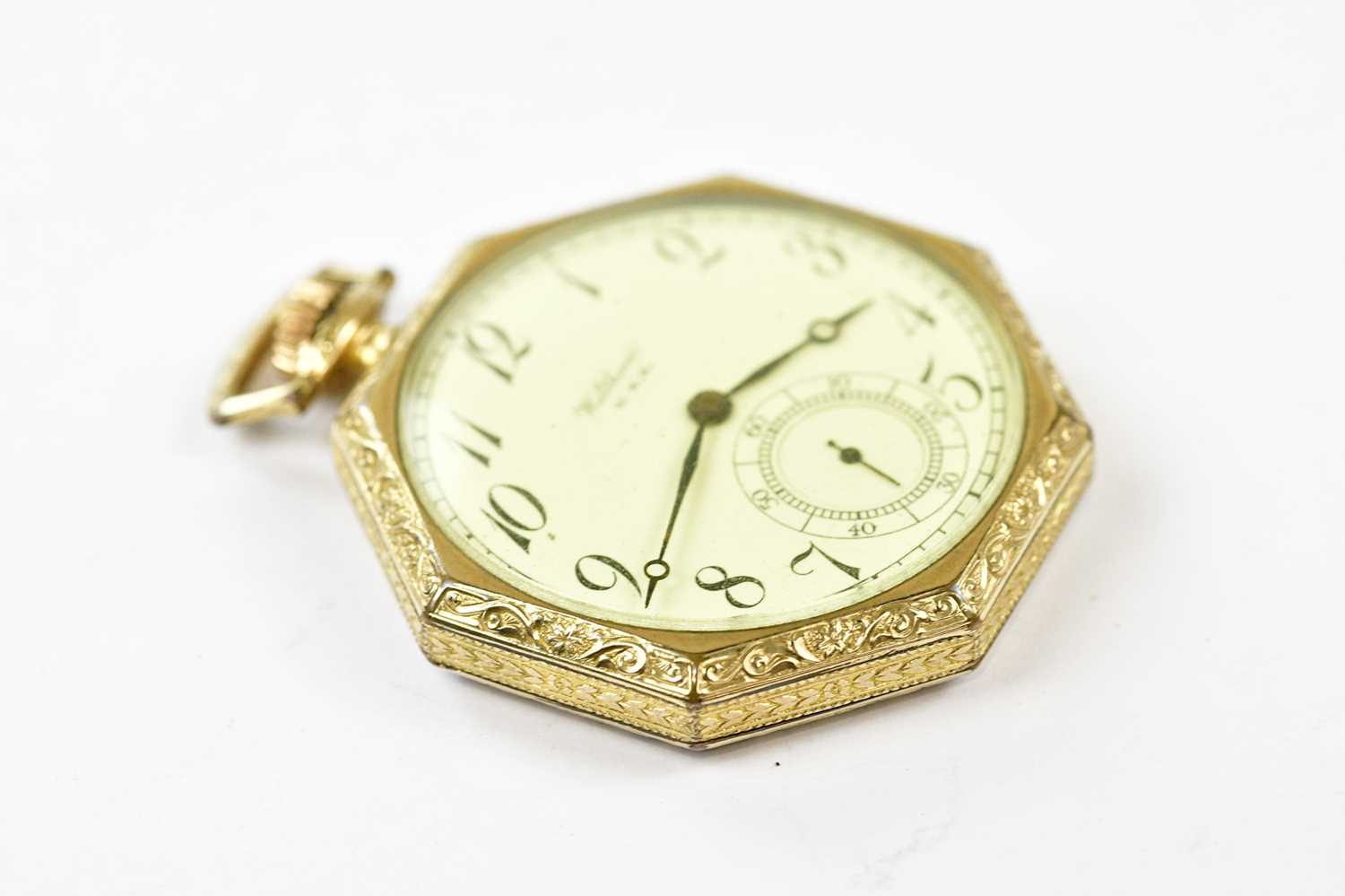 WALTHAM; a gold plated octagonal slimline pocket watch, diameter 4.25cm. Condition Report: - Image 2 of 3