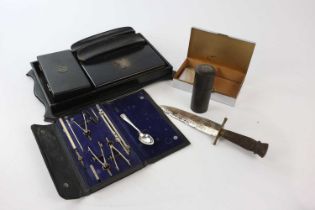 A white metal mounted ebony dressing table set, tray 34cm, with a chrome cigarette box, etc.