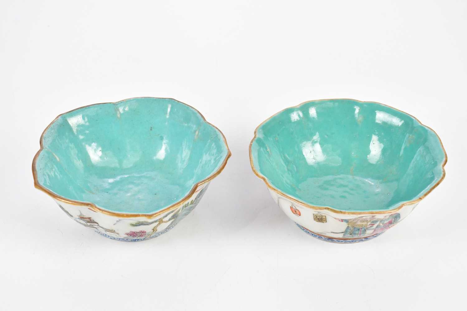 Two late 19th/early 20th century Chinese Famille Rose bowls with leaf/scalloped shaped rims, one - Image 4 of 13
