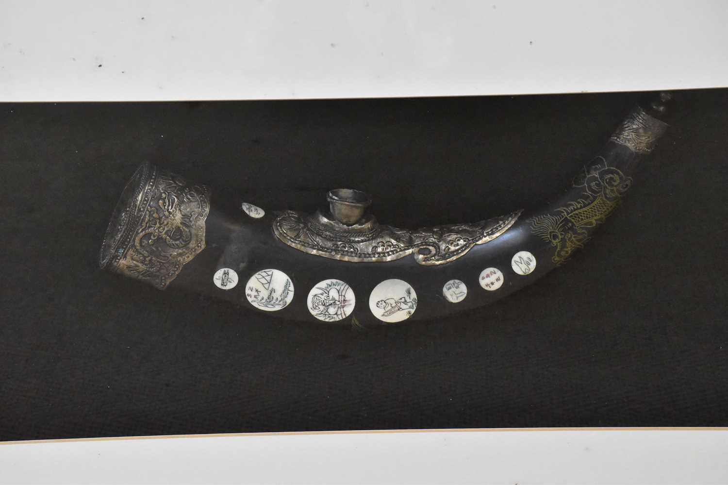 A pair of white metal mounted bone inlaid opium pipes, both framed and glazed, 89 x 48cm. - Image 3 of 4