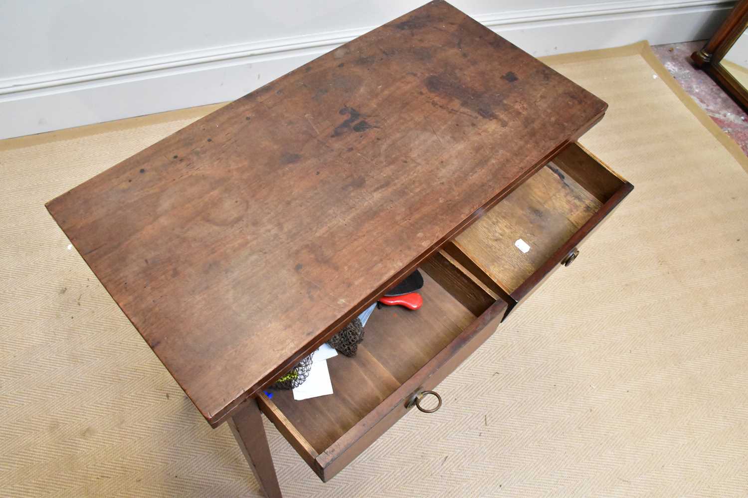 A Georgian mahogany fold-over two drawer tea table on square legs, width 86cm, depth 42cm, height - Image 2 of 4