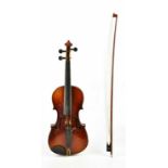 A three-quarter size violin with two-piece back length 33.5cm, cased with a bow.