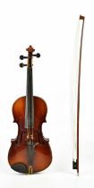 A three-quarter size violin with two-piece back length 33.5cm, cased with a bow.