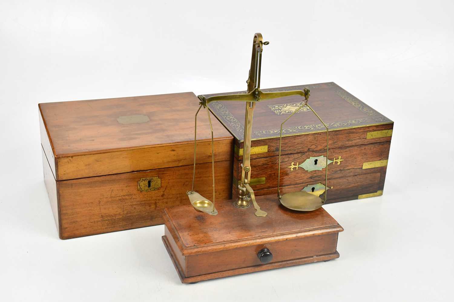 A William IV brass inlaid rosewood work box, lacking interior, length 30cm, with a walnut writing