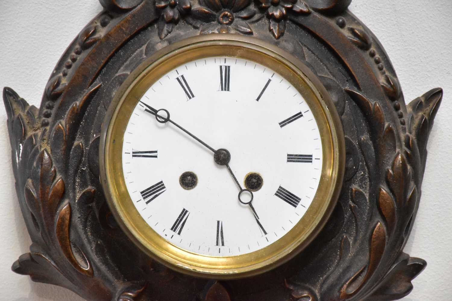 A Victorian cast bronzed metal combination clock, barometer and thermometer, length 65cmn, with a - Image 4 of 11