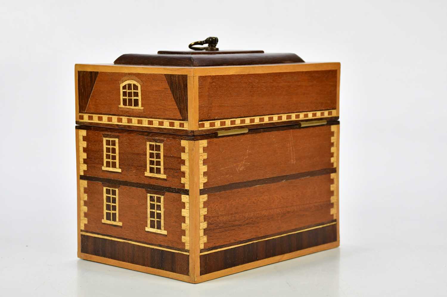 A modern inlaid fruitwood tea caddy formed as a Georgian house, the hinged cover enclosing two - Image 2 of 4