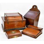 A late 18th century oak salt box with leather joints, a Victorian walnut jewellery box, a