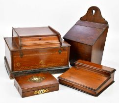 A late 18th century oak salt box with leather joints, a Victorian walnut jewellery box, a