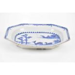 An 18th century Chinese blue and white export ware meat plate, decorated with deer in landscape,