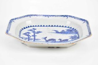An 18th century Chinese blue and white export ware meat plate, decorated with deer in landscape,