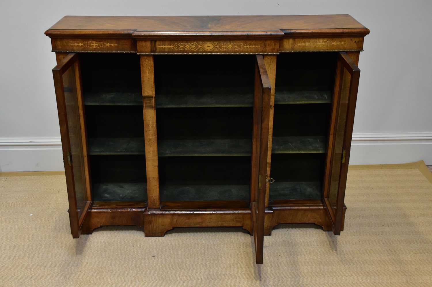 A Victorian breakfront walnut credenza, with three glazed doors enclosing shelves, on bracket - Image 2 of 3