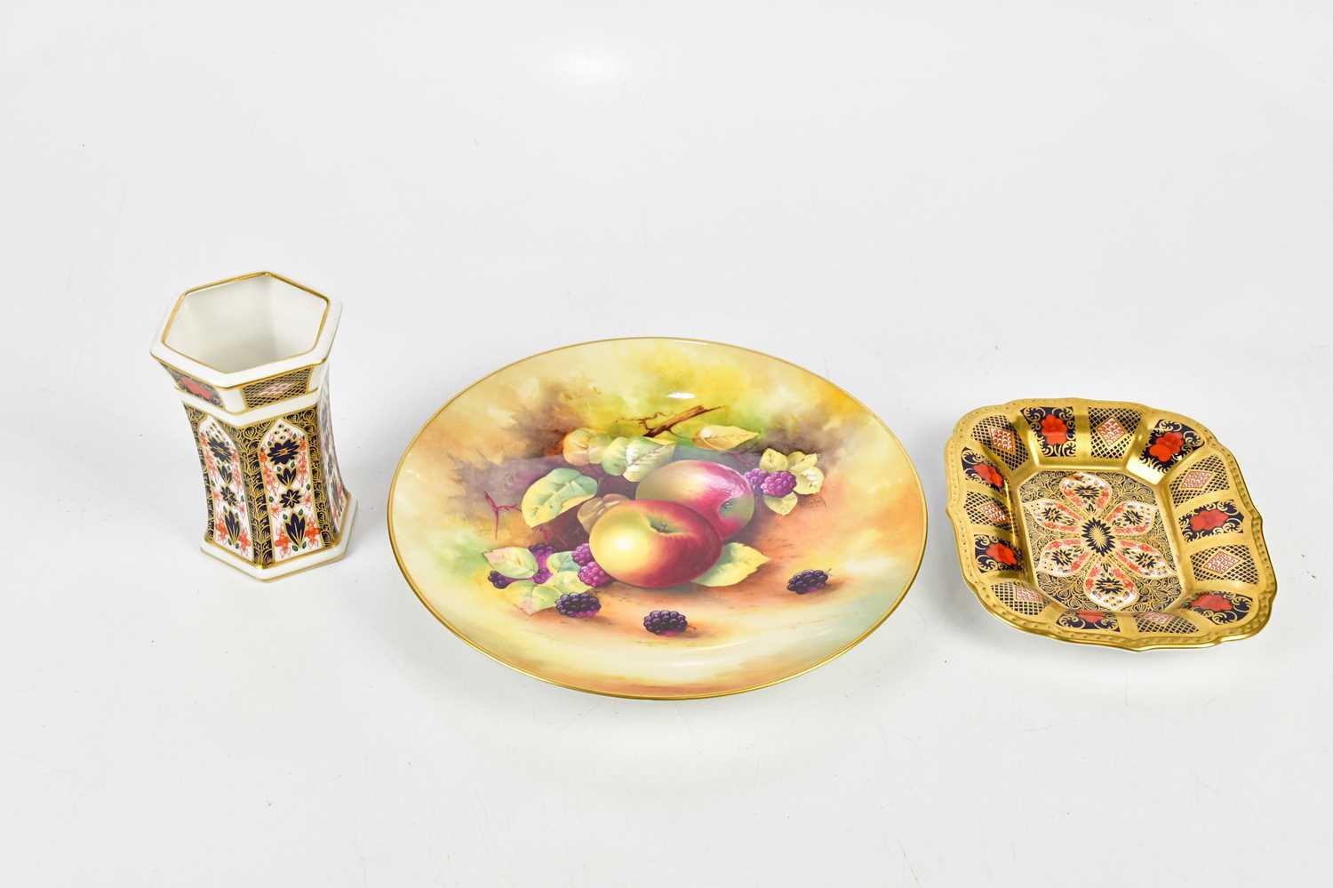 ROYAL CROWN DERBY; an Imari pattern dish and vase together with a hand painted Minton plate,