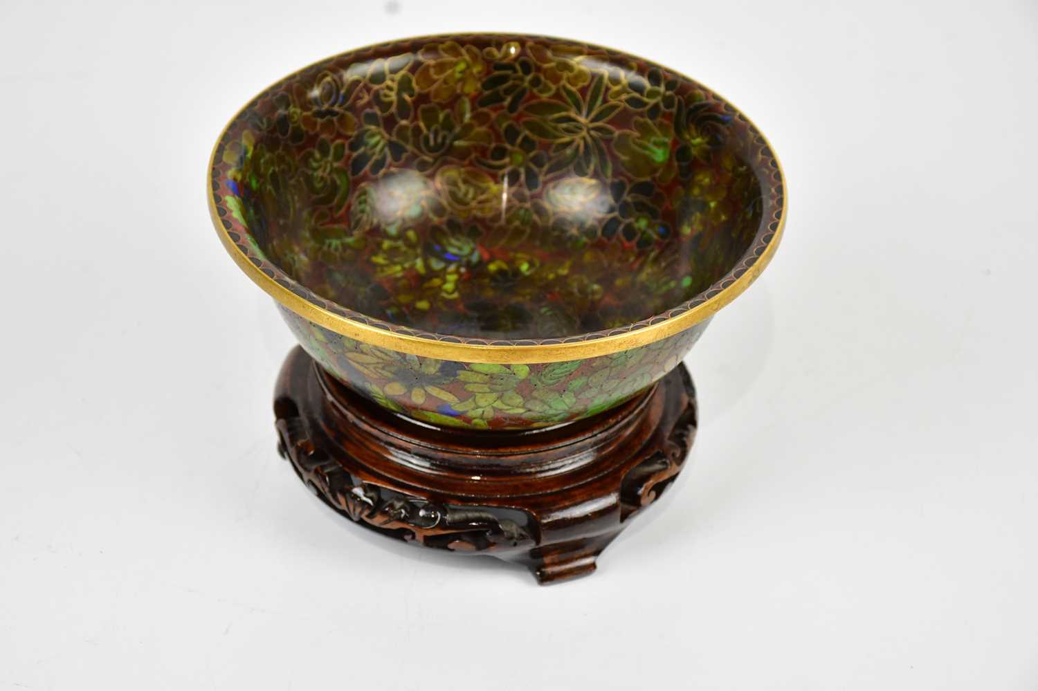 A pair of 20th century Chinese cloisonné ginger jars and covers, with prunus decoration, on wooden - Image 6 of 8