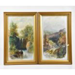 UNATTRIBUTED; a pair of Victorian painted oils on milk glass, landscape scenes, with waterfalls,
