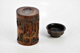 A Chinese carved bamboo brush pot and lid decorated with gods, height 16cm, together with a