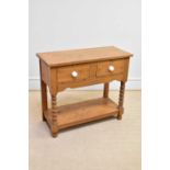 A modern pine two drawer two tier side table, height 87cm, width 101cm, depth 43cm.