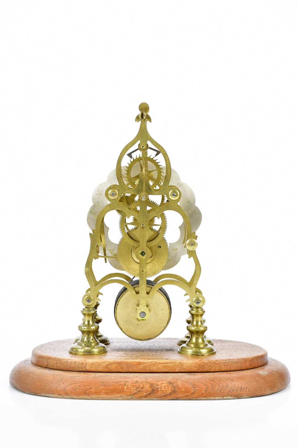 An early 20th century skeleton clock, with silvered chapter ring with Roman numerals, with fusee - Image 5 of 5