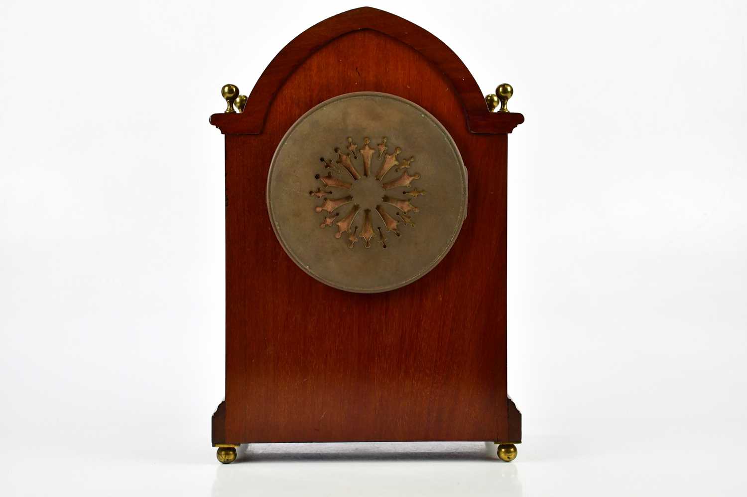 S SMITH & SONS LTD, LONDON; an Edwardian inlaid mahogany arch topped mantel clock with four brass - Image 5 of 6