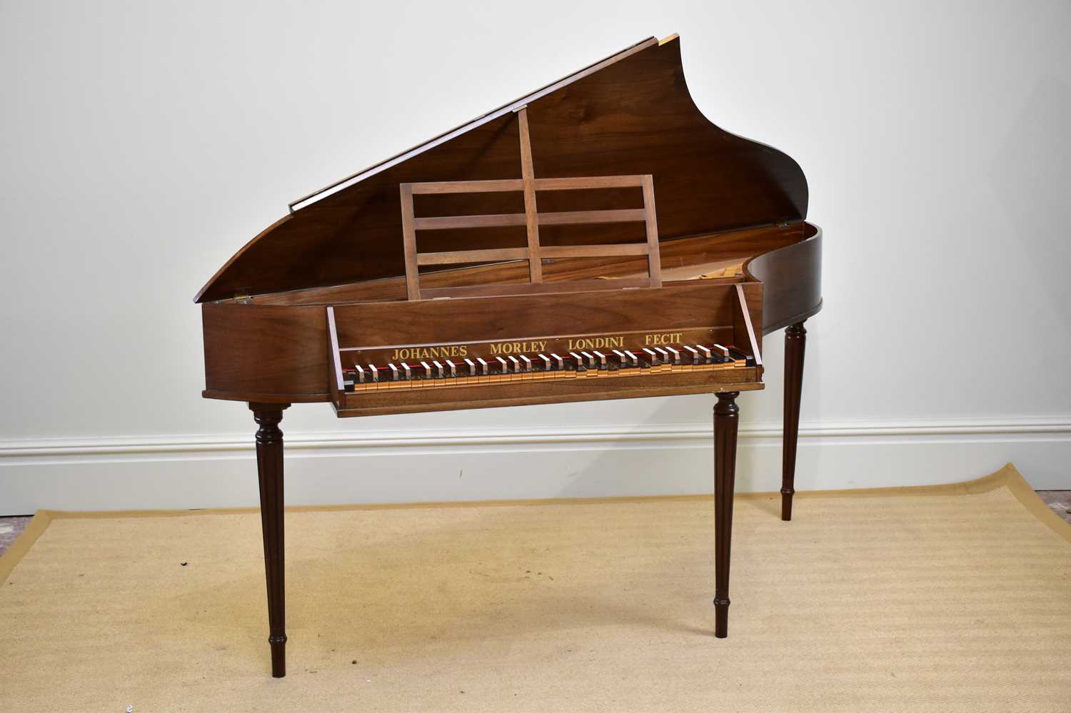 JOHANNES MORLEY; a 20th century walnut cased spinet, on turned and fluted legs, signed ‘Johannes