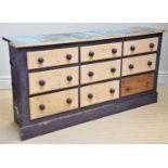 A Victorian painted pine rectangular chest of nine drawers on plinth base, height 107cm, width