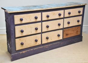 A Victorian painted pine rectangular chest of nine drawers on plinth base, height 107cm, width