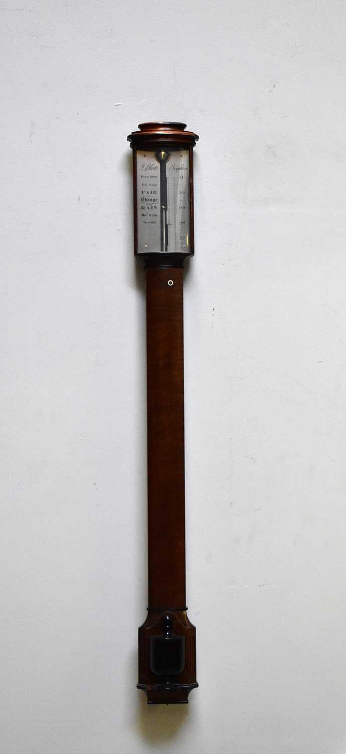 J BLATT, BRIGHTON; a mahogany bowfront stick barometer, with silvered dial, length 92cm.