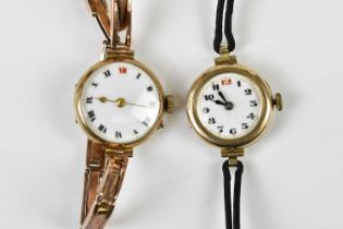 A 9ct yellow gold cased lady's wristwatch, the white enamel dial set with Roman numerals, together