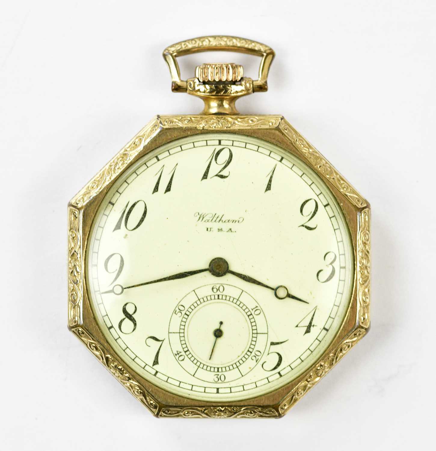 WALTHAM; a gold plated octagonal slimline pocket watch, diameter 4.25cm. Condition Report: