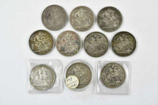 Ten assorted Victoria crowns comprising five 1890, three 1894, one 1889 and one 1891.