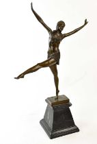 A large Art Deco style bronze figure of dancing female, on marble base, height 60cm.