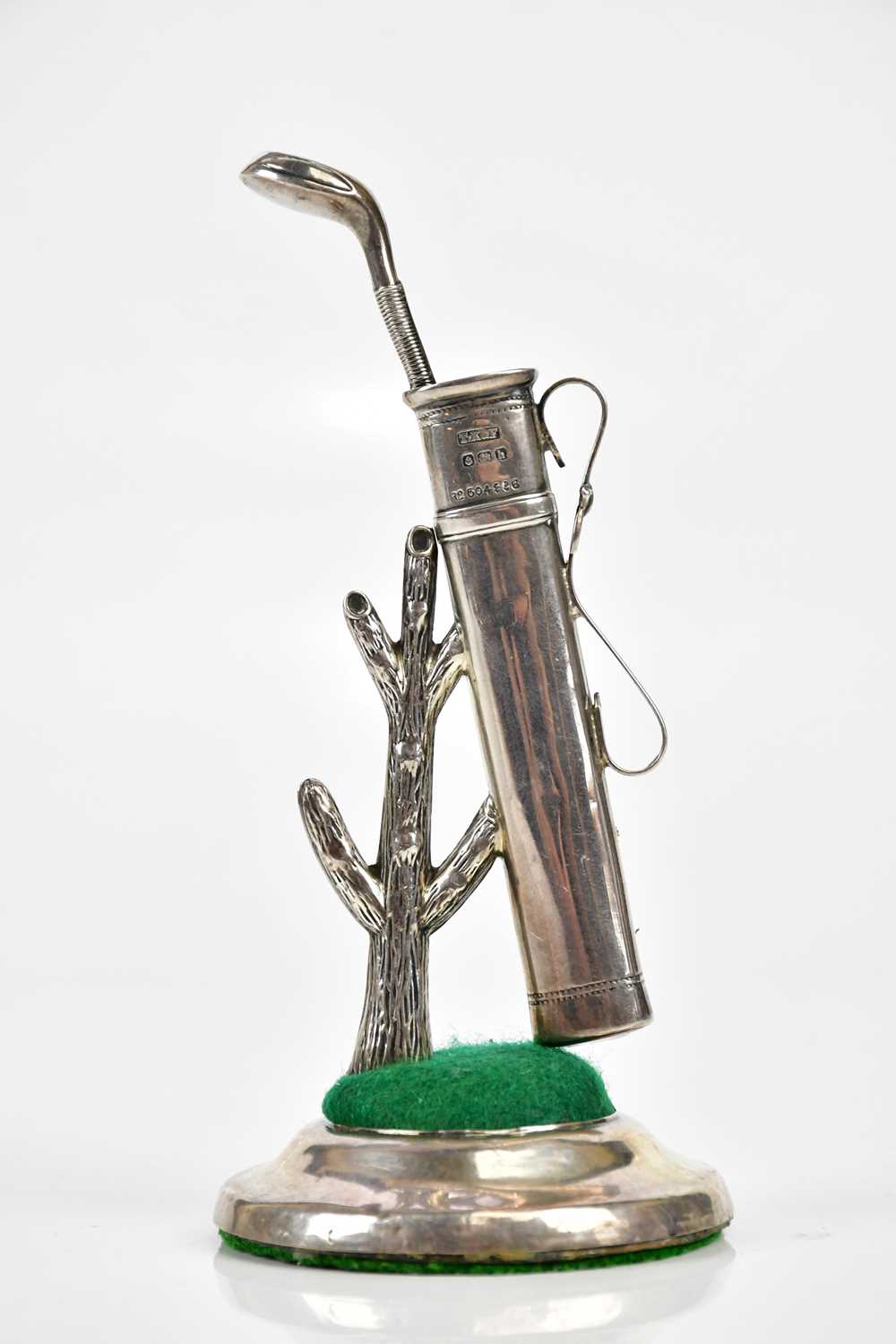 TOZER, KERNSLEY & FISHER; an Edward VII hallmarked silver ring tree/pin holder in the form of a golf