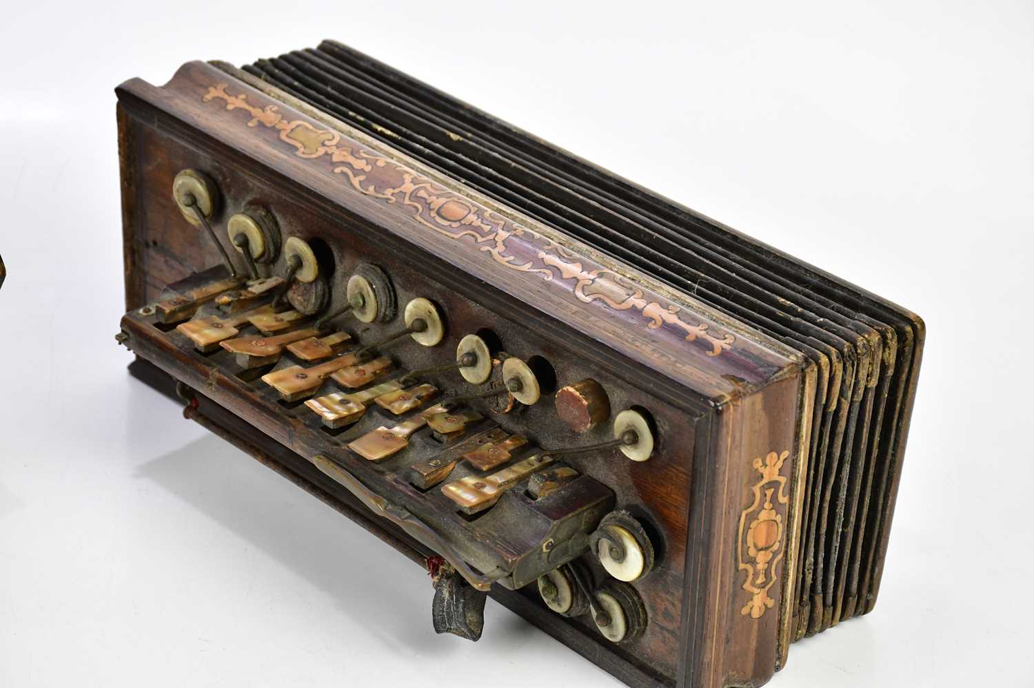 A Commander concertina, an inlaid rosewood squeezebox with mother of pearl keys and a vintage - Image 4 of 4