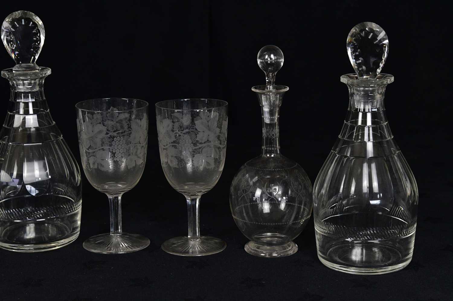 Three cut glass decanters, height of largest 27cm, together with further etched glass decanter and - Image 2 of 3