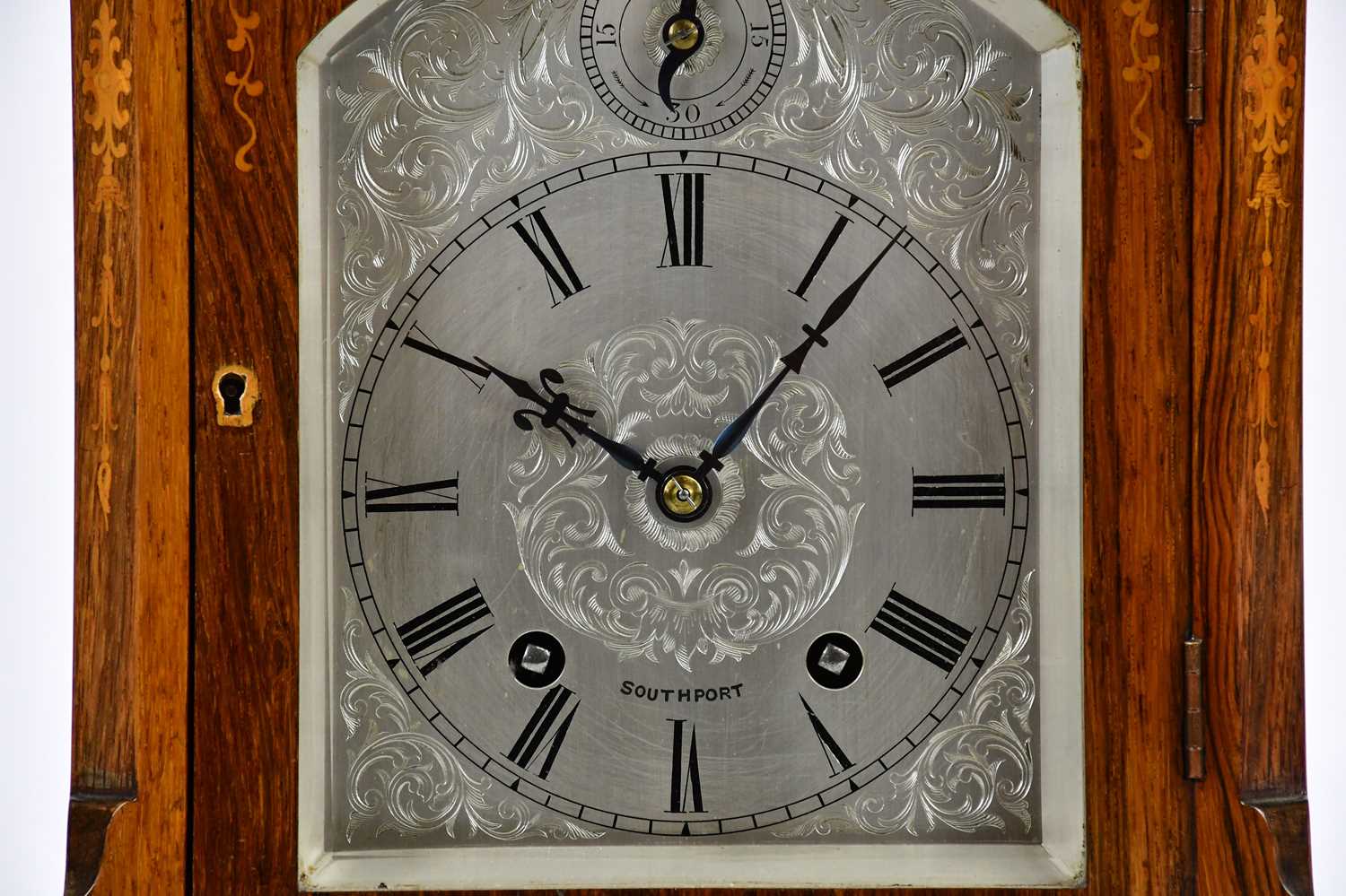 A late 19th century inlaid rosewood bracket clock, with four gilt metal finials above the silvered - Image 2 of 5