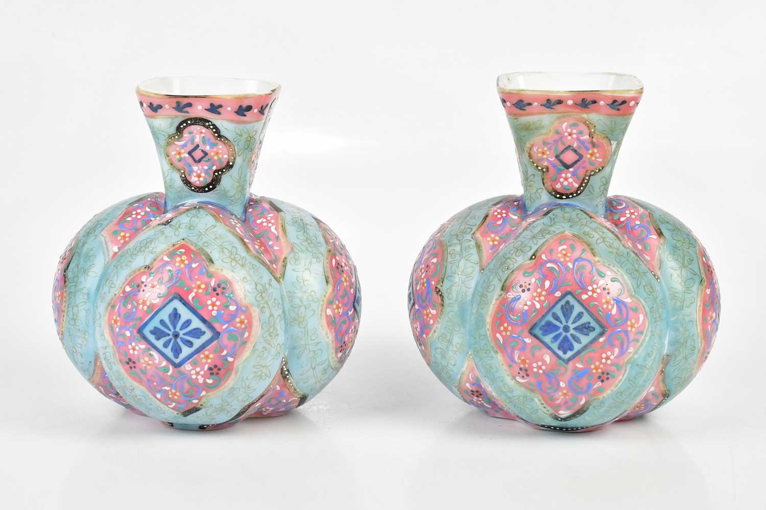 A pair of late Victorian painted opaque glass vases of bulbous form, height 20cm (2). Condition - Image 5 of 7