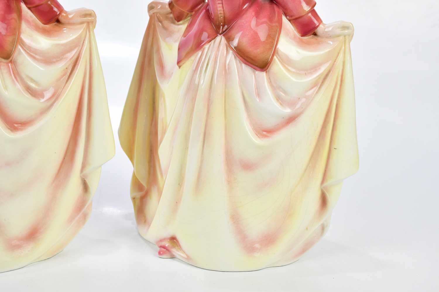 KATZHUTTE; two Art Deco ceramic figures depicting a maiden wearing a bonnet with flowing dress, - Image 5 of 7