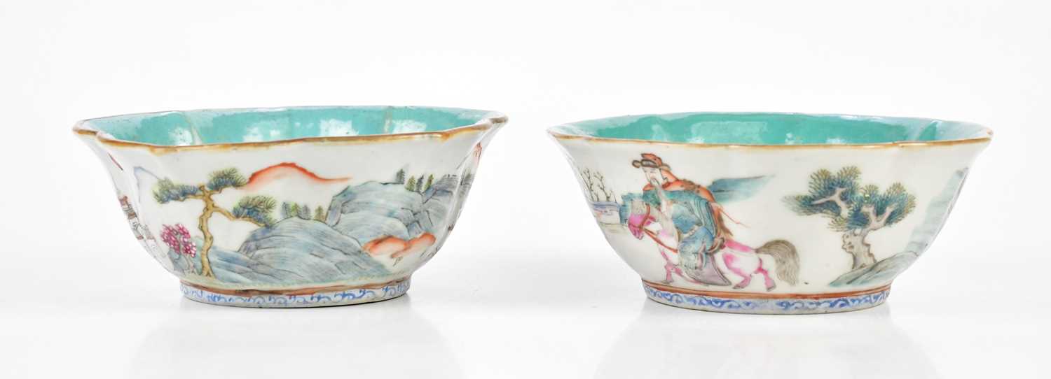 Two late 19th/early 20th century Chinese Famille Rose bowls with leaf/scalloped shaped rims, one