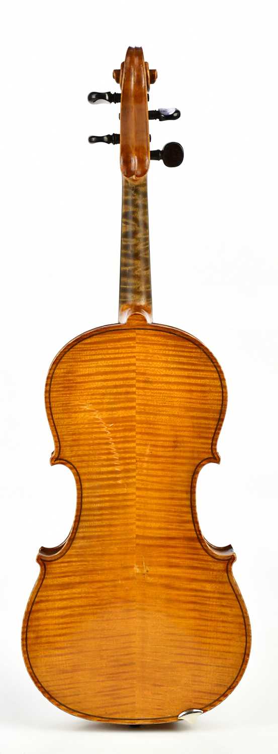 A full size German violin with two-piece back of good colour, length 36cm, unlabelled, cased. - Image 6 of 7