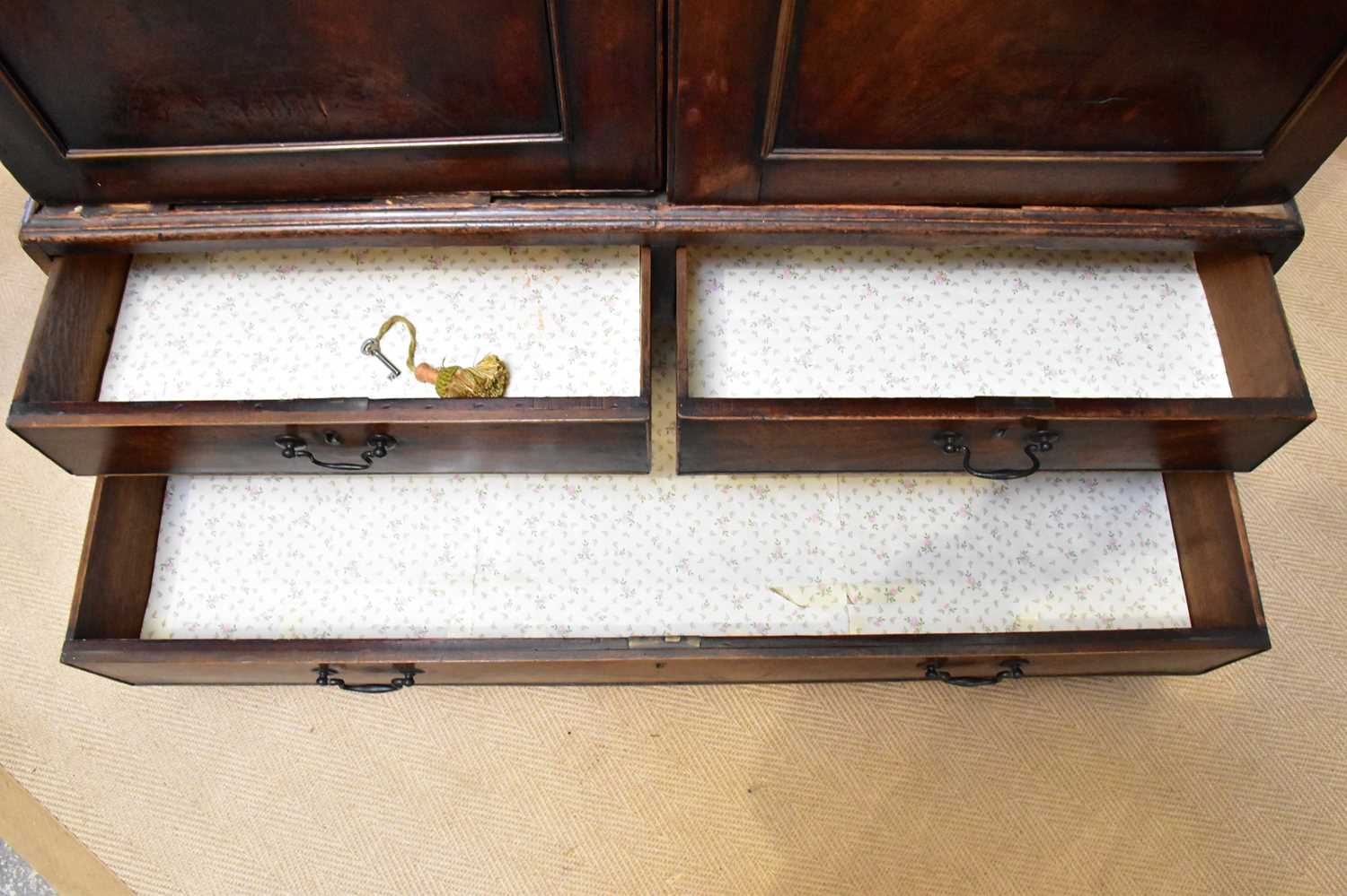 A George III mahogany linen press, with two doors above three drawers, on bracket feet, converted - Image 3 of 4